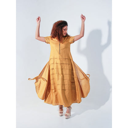 Echke Ochre Linen Long Dress with Self Panels and Tie-Up Feature At The Back