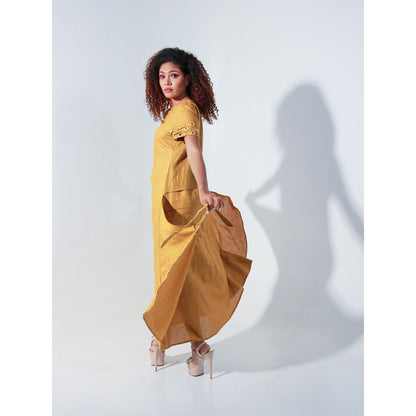 Echke Ochre Linen Long Dress with Self Panels and Tie-Up Feature At The Back