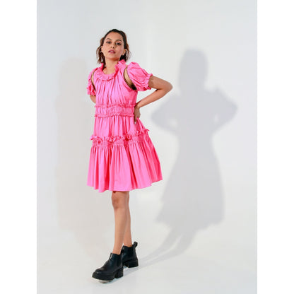Echke Pink Short Dress with Ruffles and Detachable Zippered Sleeves