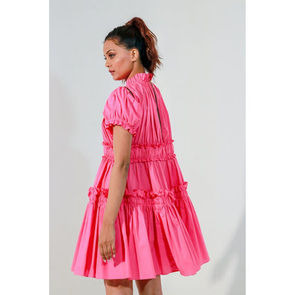 Echke Pink Short Dress with Ruffles and Detachable Zippered Sleeves