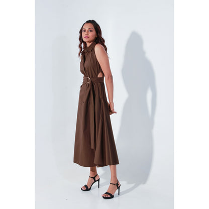 Echke Brown Sleeveless Edgar Dress with Attached Saddle Belt (Set of 2)