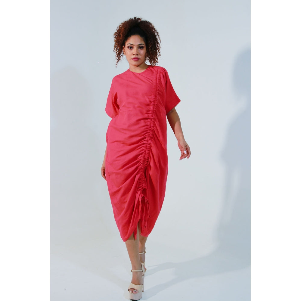 Echke Coral Linen Dress with Pull Up String Feature on One Side