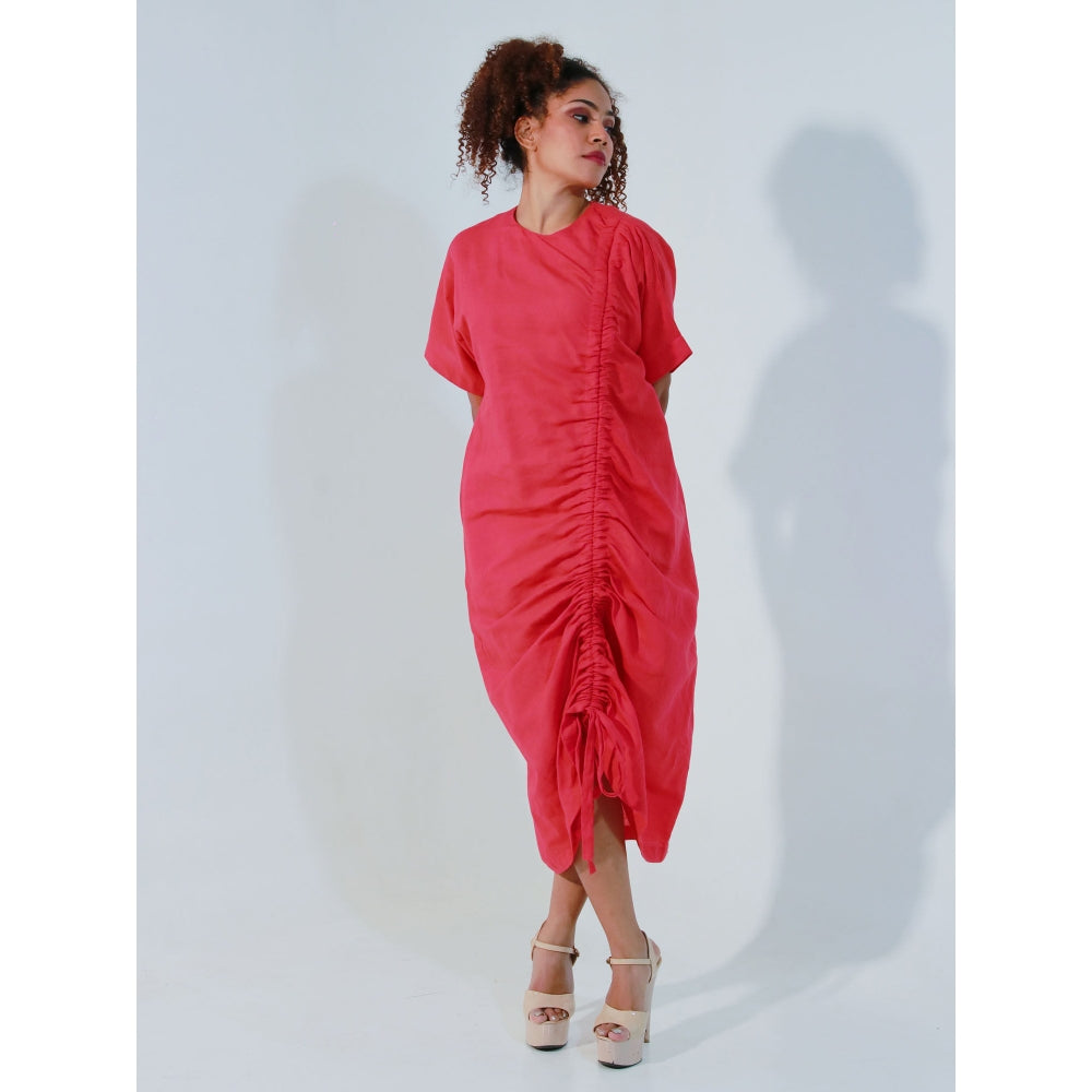 Echke Coral Linen Dress with Pull Up String Feature on One Side