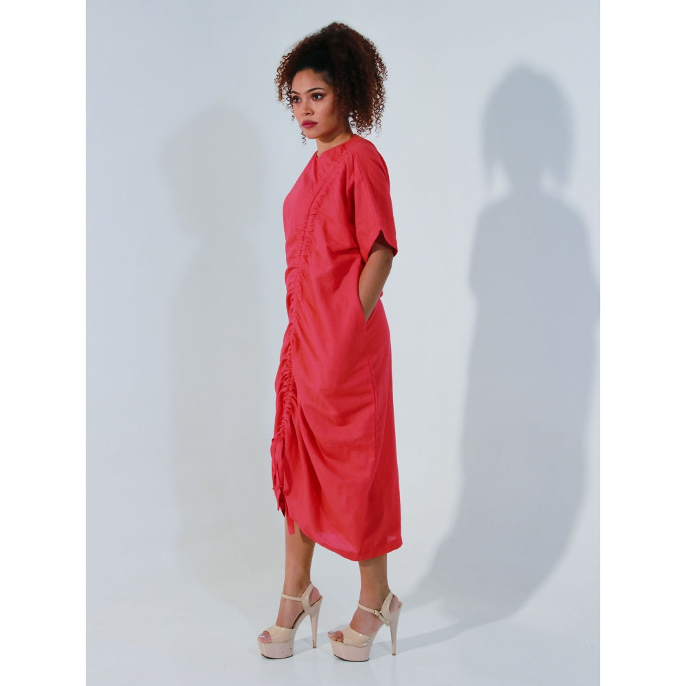 Echke Coral Linen Dress with Pull Up String Feature on One Side
