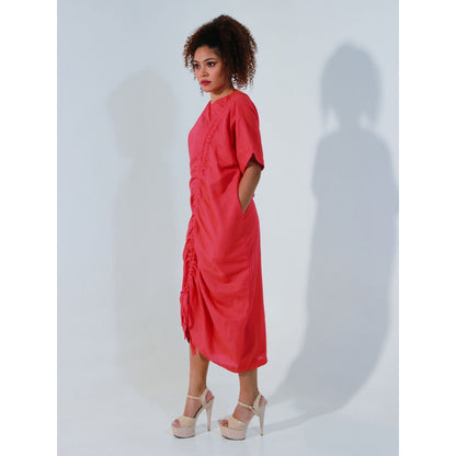Echke Coral Linen Dress with Pull Up String Feature on One Side