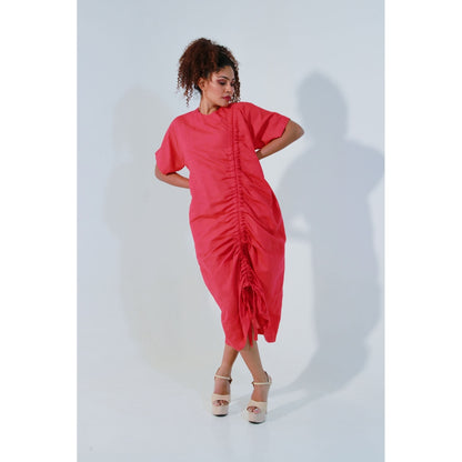 Echke Coral Linen Dress with Pull Up String Feature on One Side