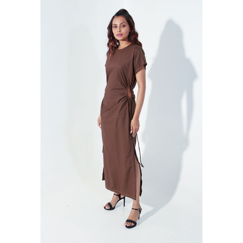 Echke Brown Long Dress with Raglan Sleeves Waist Cut-Outs and High Slits