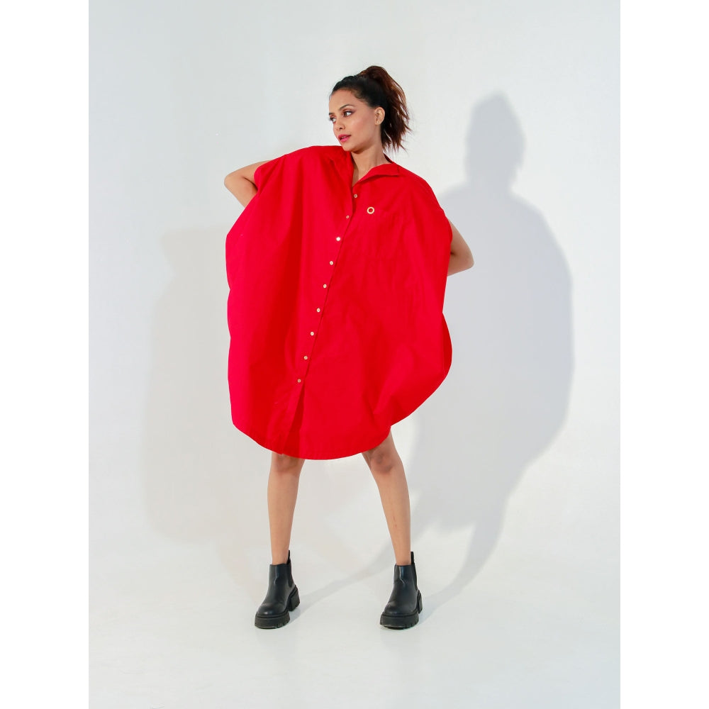 Echke Red Round Dress with One Pocket and Golden Eyelet