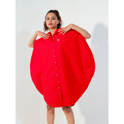 Echke Red Round Dress with One Pocket and Golden Eyelet
