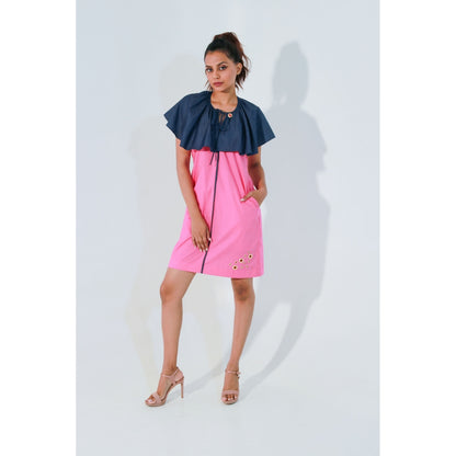 Echke Pink and Denim Short Dress with Cape Bib Feature Around The Neck