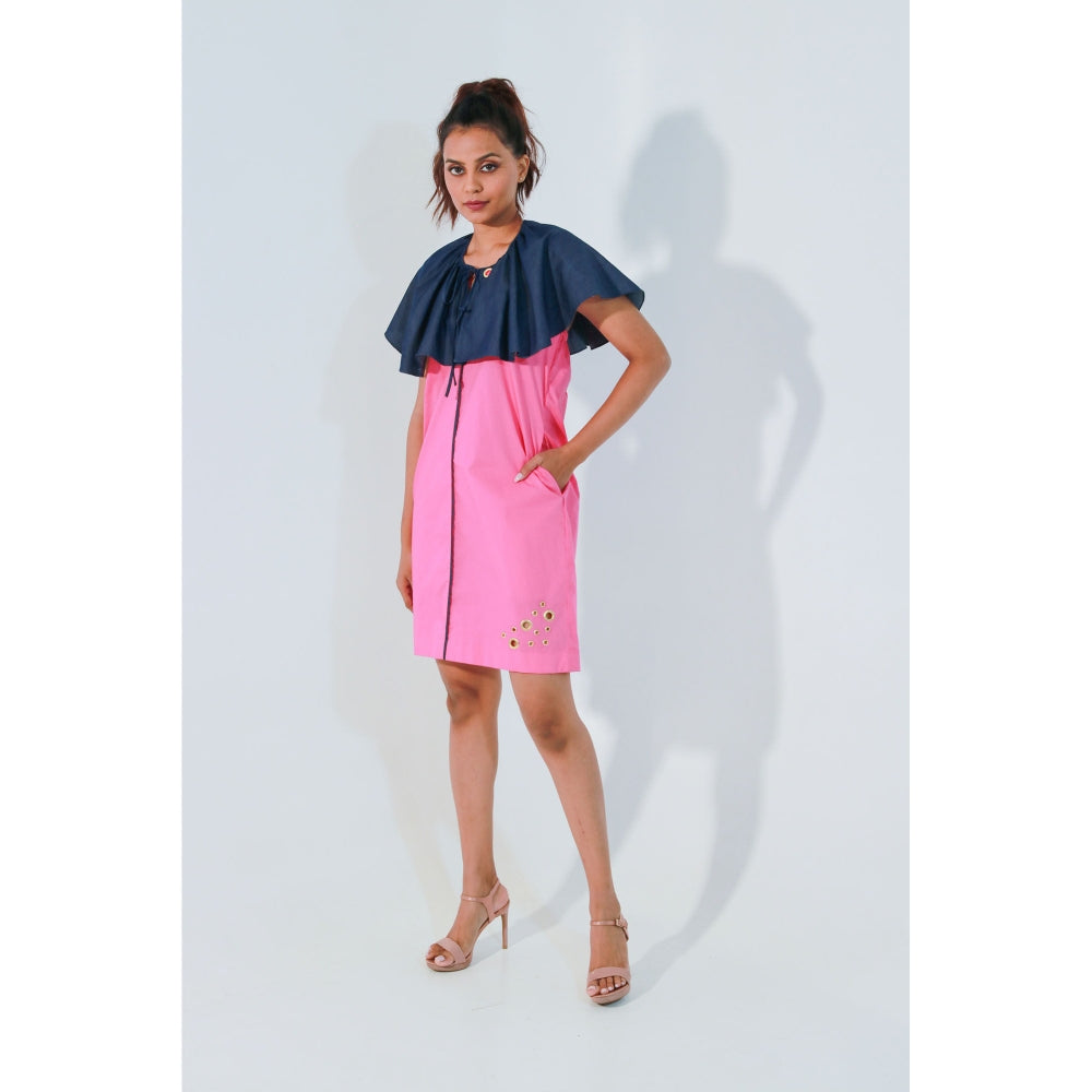Echke Pink and Denim Short Dress with Cape Bib Feature Around The Neck