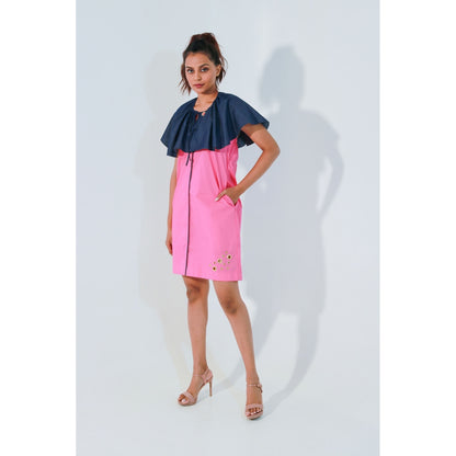 Echke Pink and Denim Short Dress with Cape Bib Feature Around The Neck