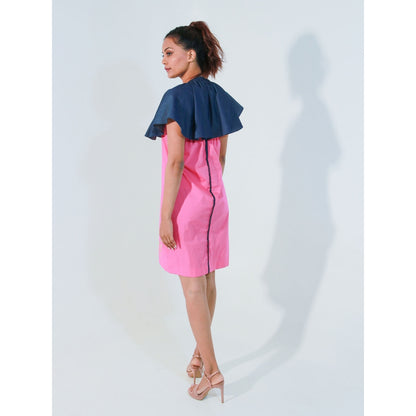 Echke Pink and Denim Short Dress with Cape Bib Feature Around The Neck