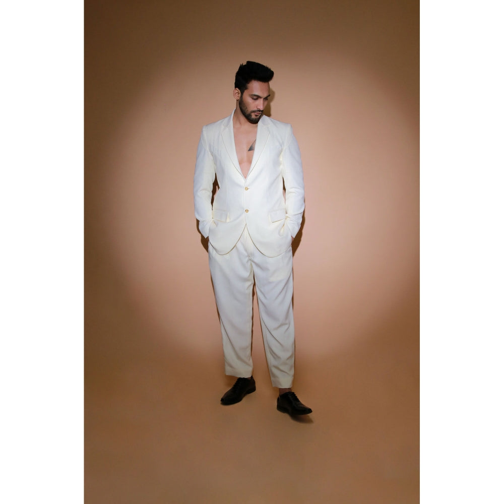 Echke White Jacket with Self Stitching Panels and Straight Pleated Pants (Set of 2)
