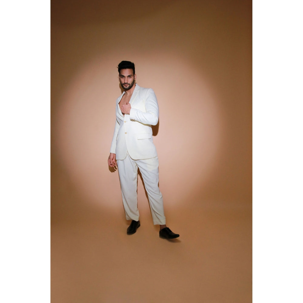 Echke White Jacket with Self Stitching Panels and Straight Pleated Pants (Set of 2)