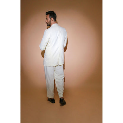 Echke White Jacket with Self Stitching Panels and Straight Pleated Pants (Set of 2)