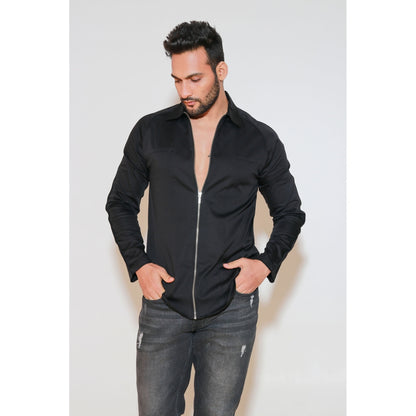 Echke Black Shirt with Self Piping On Shoulders and Zippered Placket