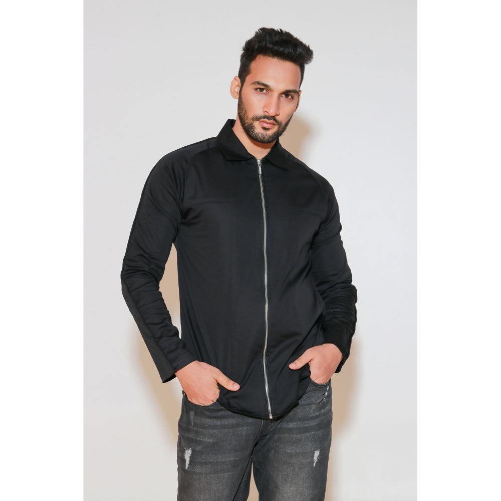 Echke Black Shirt with Self Piping On Shoulders and Zippered Placket