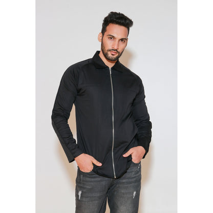 Echke Black Shirt with Self Piping On Shoulders and Zippered Placket