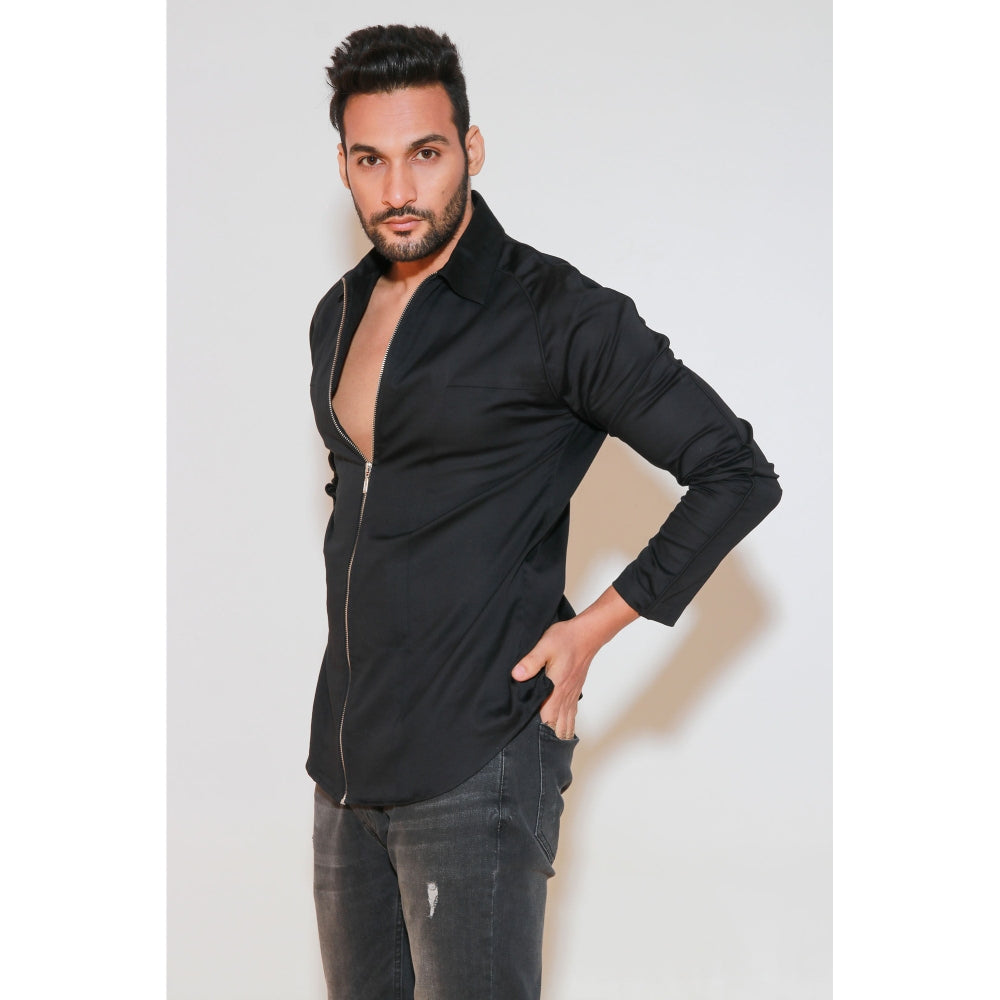 Echke Black Shirt with Self Piping On Shoulders and Zippered Placket