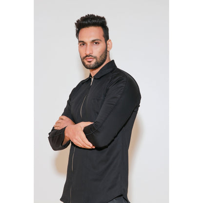 Echke Black Shirt with Self Piping On Shoulders and Zippered Placket