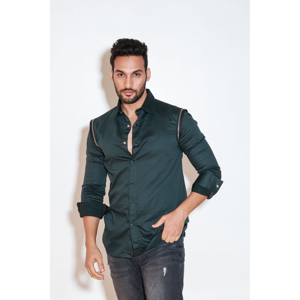 Echke Dark Green Full Sleeves Shirt with Silver Zipper and Cord Detailing On Both Shoulders