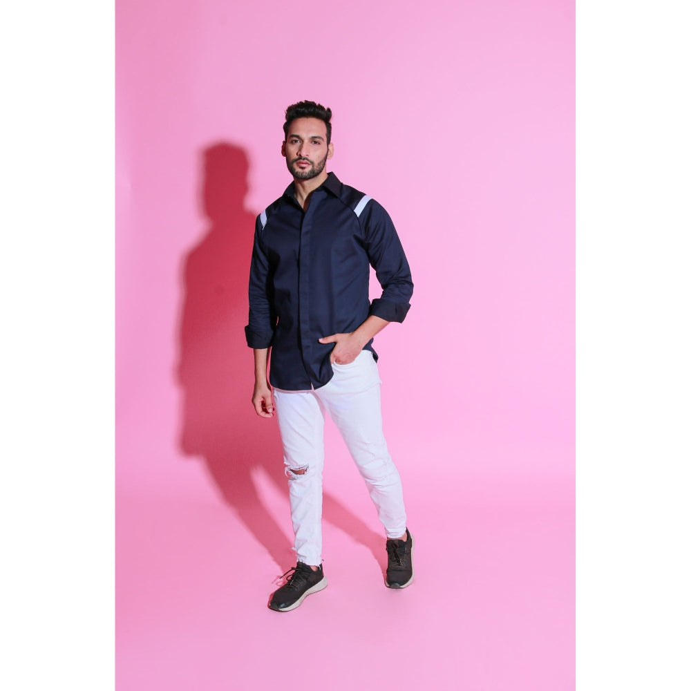 Echke Navy Blue Shirt with Piping & White Border On Shoulder