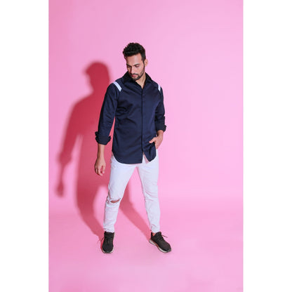 Echke Navy Blue Shirt with Piping & White Border On Shoulder