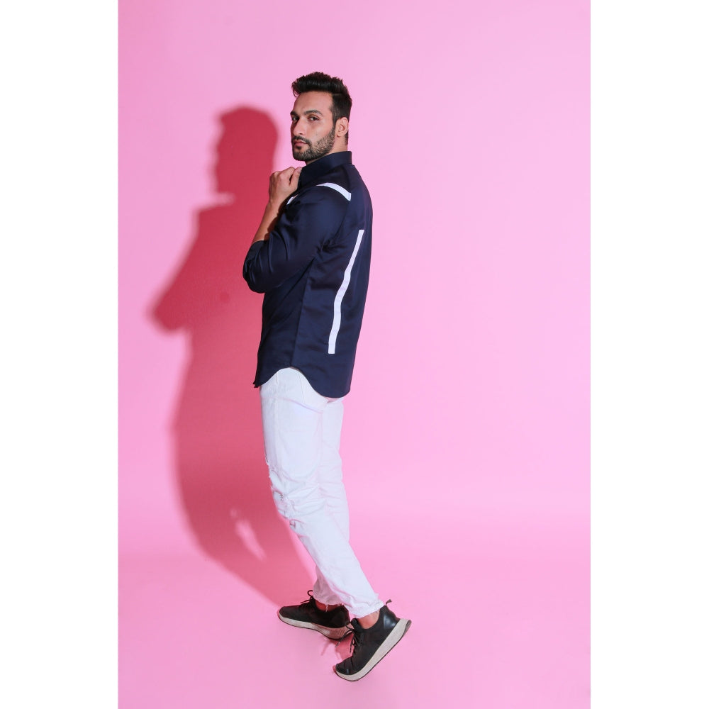 Echke Navy Blue Shirt with Piping & White Border On Shoulder