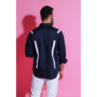 Echke Navy Blue Shirt with Piping & White Border On Shoulder