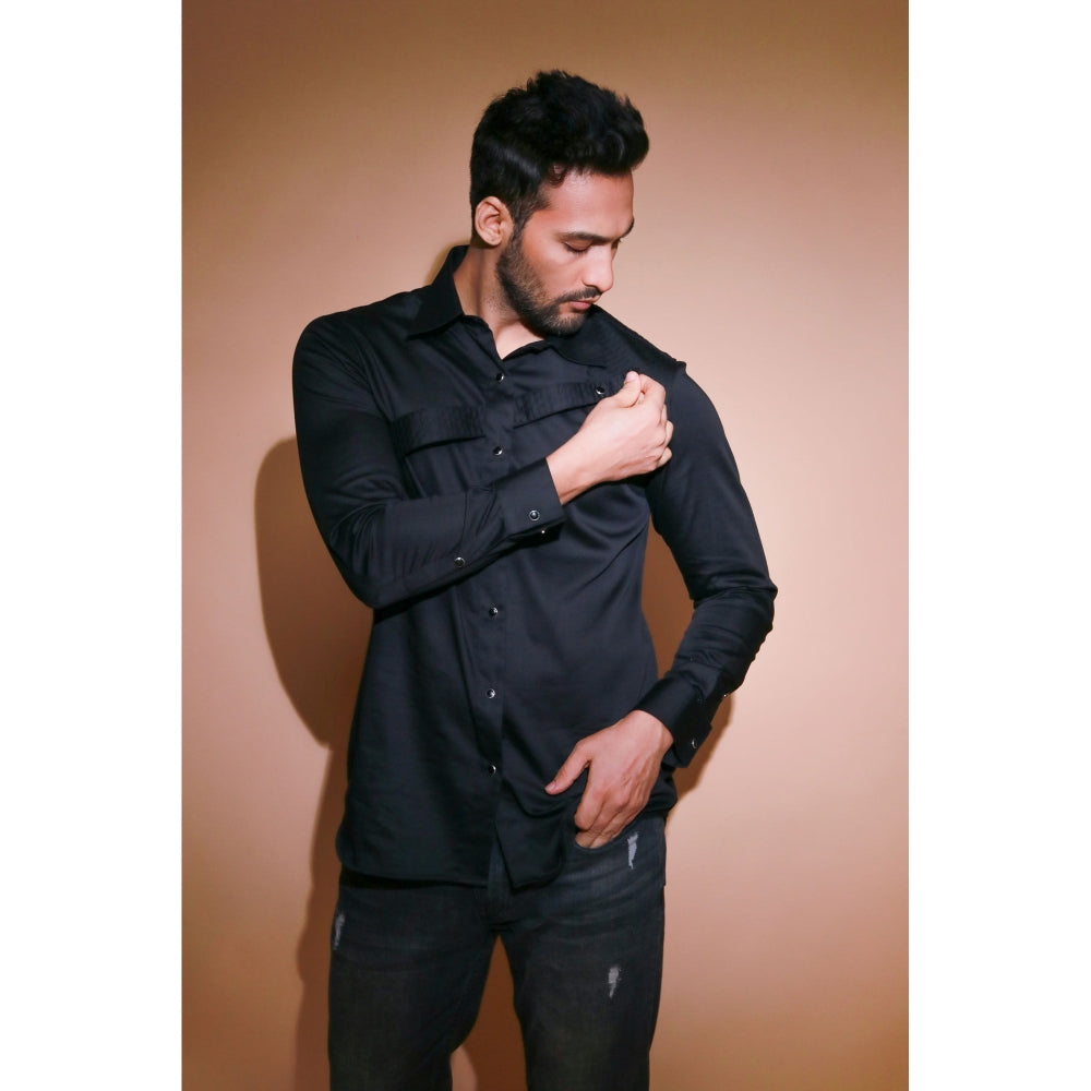 Echke Black Shirt with Quilted Patch and Patti Running Through The Placket