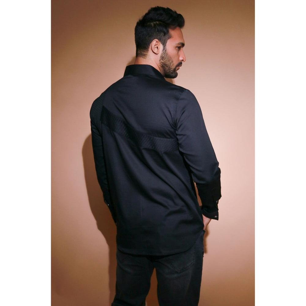 Echke Black Shirt with Quilted Patch and Patti Running Through The Placket