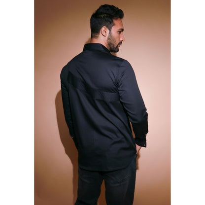 Echke Black Shirt with Quilted Patch and Patti Running Through The Placket