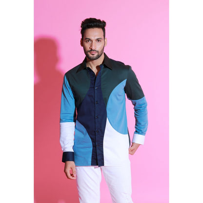 Echke White, Light Blue, Navy Blue and Black Full Sleeves Circular Pattern Patchwork Shirt