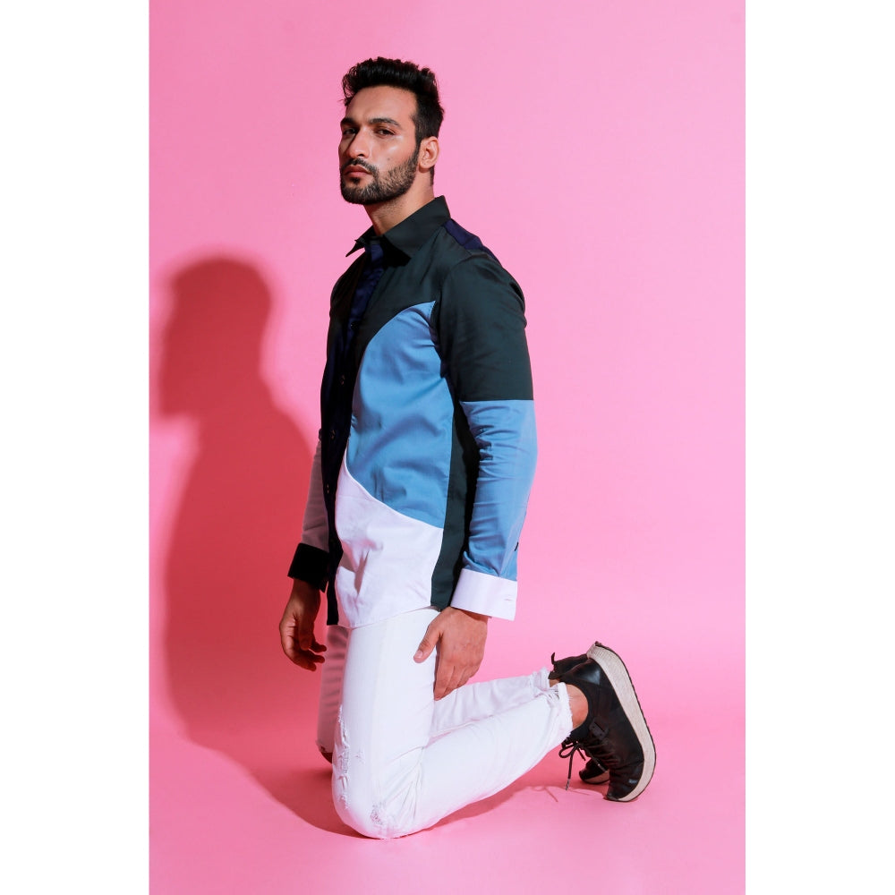 Echke White, Light Blue, Navy Blue and Black Full Sleeves Circular Pattern Patchwork Shirt