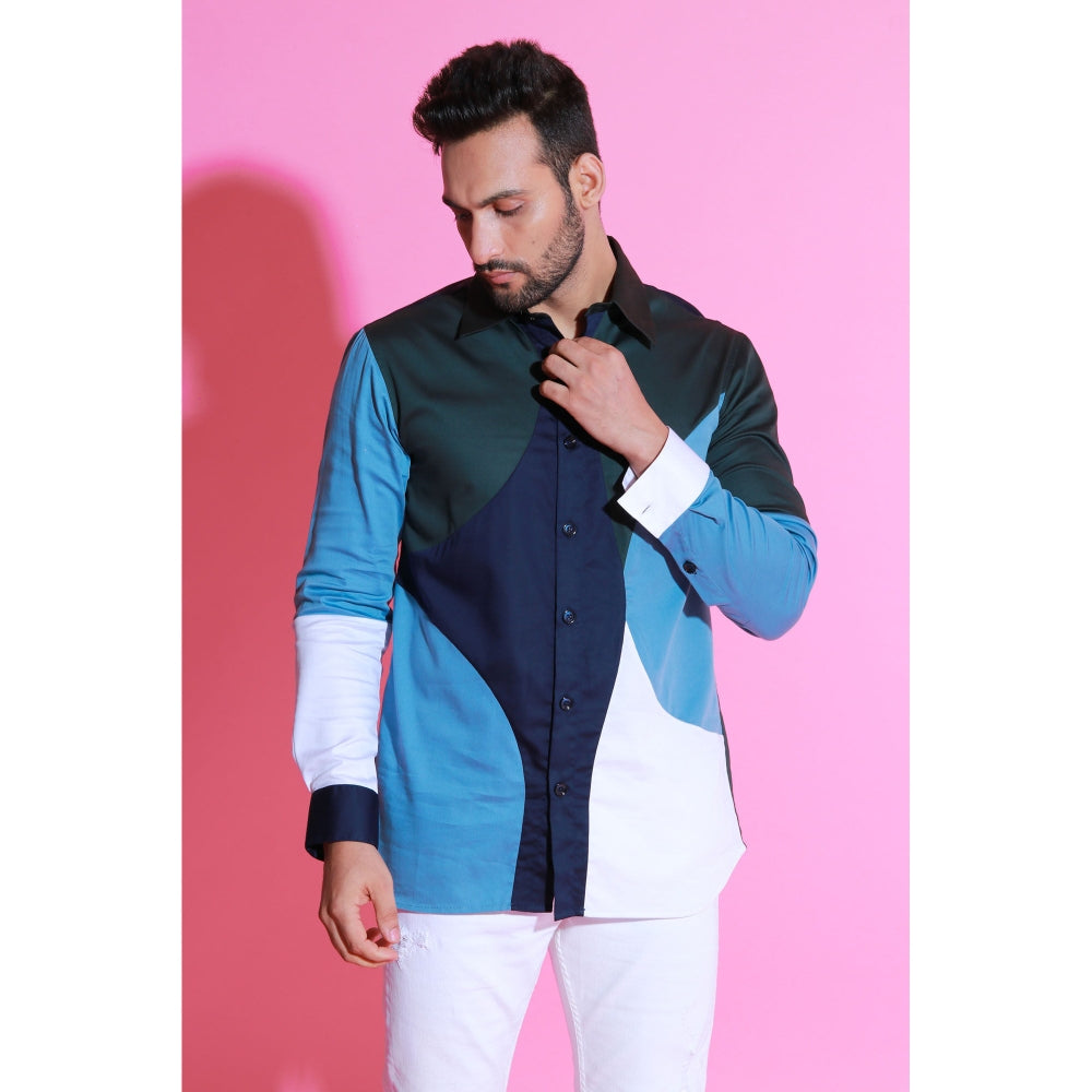 Echke White, Light Blue, Navy Blue and Black Full Sleeves Circular Pattern Patchwork Shirt