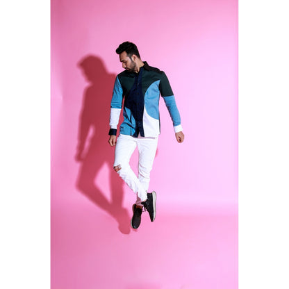 Echke White, Light Blue, Navy Blue and Black Full Sleeves Circular Pattern Patchwork Shirt