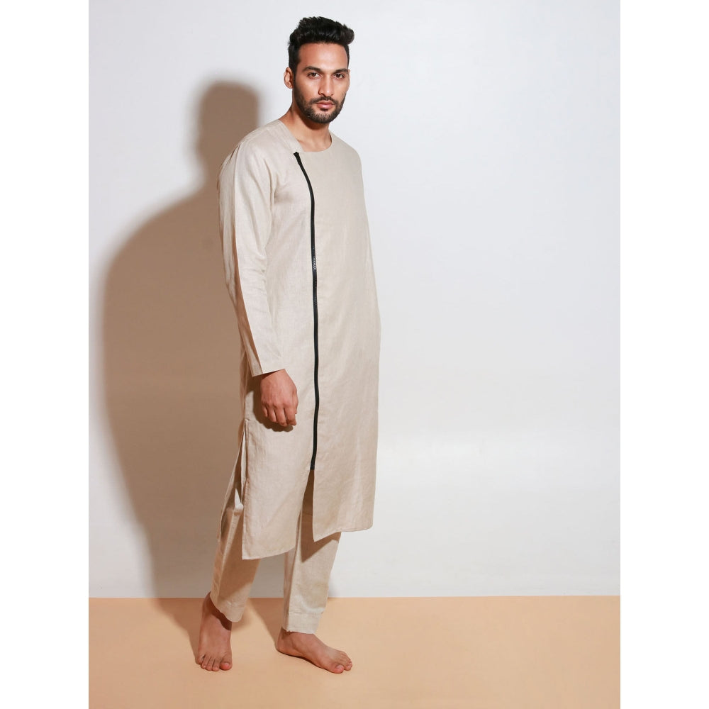 Echke Ecru Linen Kurta with Black One Side Long Zip (Set of 2)