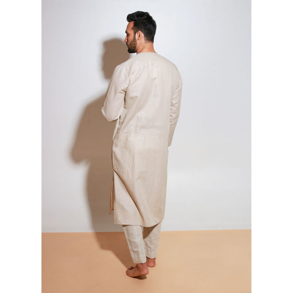 Echke Ecru Linen Kurta with Black One Side Long Zip (Set of 2)