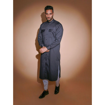 Echke Charcoal Jacket with 2 Front Pocket and Shoulder Flap Co-Ord with Narrow Pant (Set of 2)