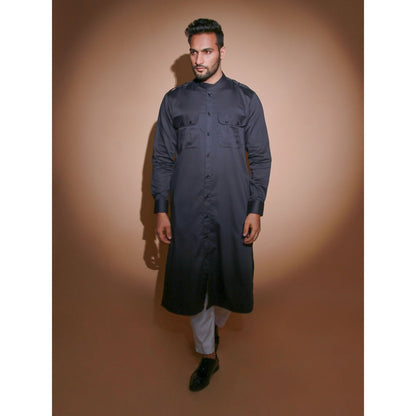 Echke Charcoal Jacket with 2 Front Pocket and Shoulder Flap Co-Ord with Narrow Pant (Set of 2)