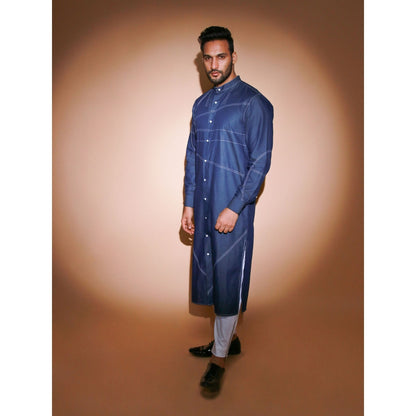 Echke Denim Kurta with White Stitches Detaling (Set of 2)