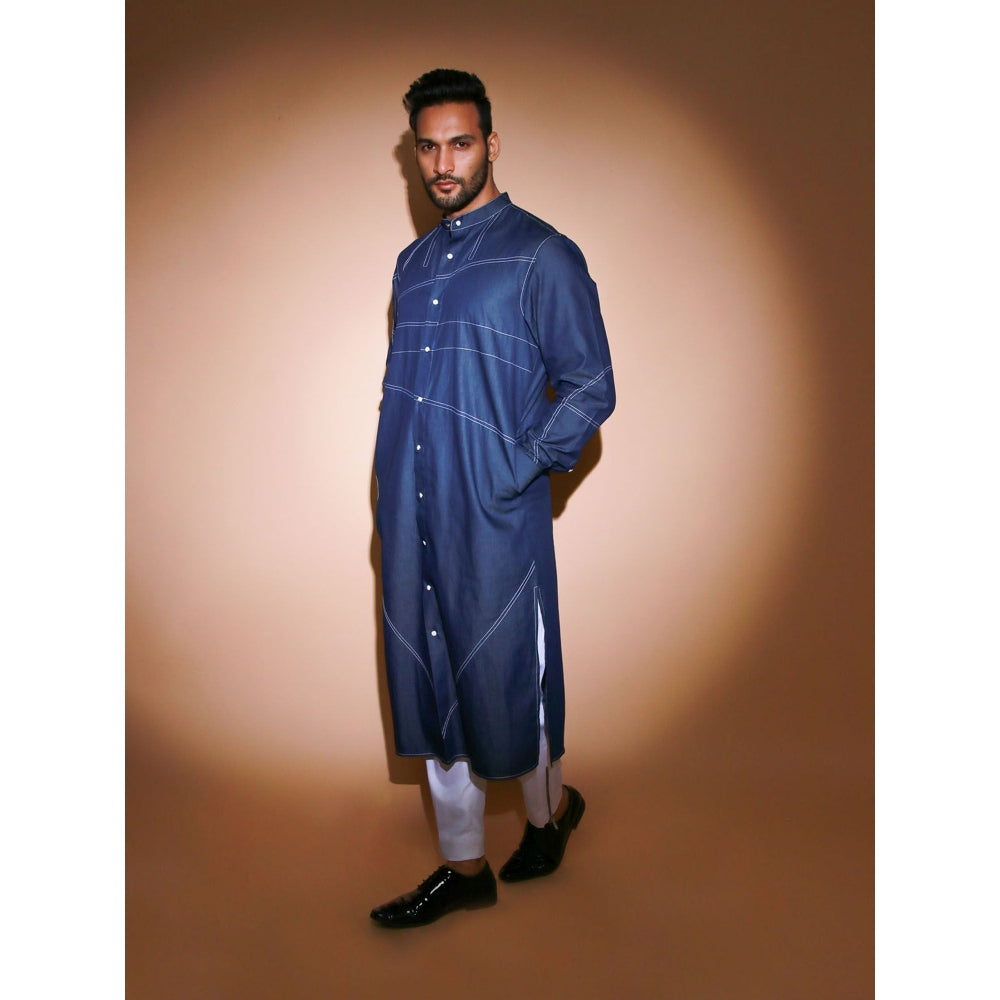 Echke Denim Kurta with White Stitches Detaling (Set of 2)