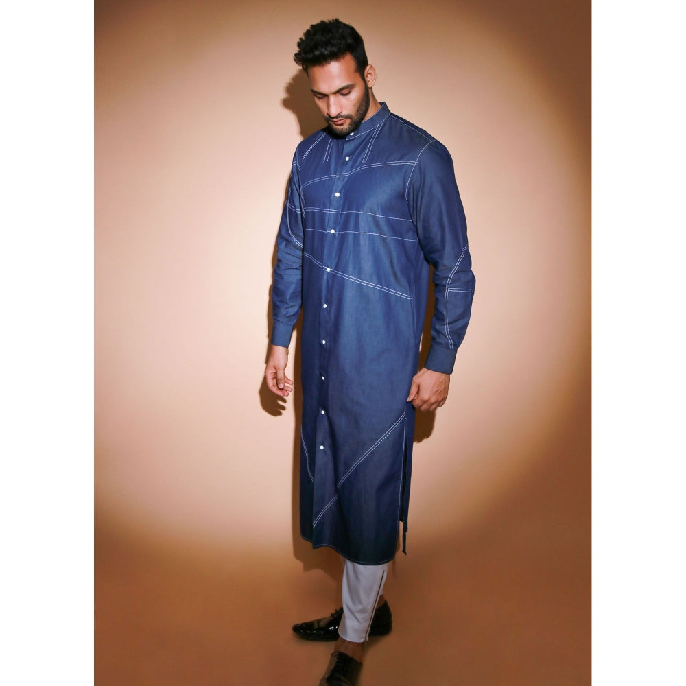 Echke Denim Kurta with White Stitches Detaling (Set of 2)