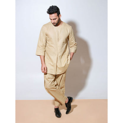 Echke Beige Round Neck Co-Ord with Front Pleat Join Feature (Set of 2)