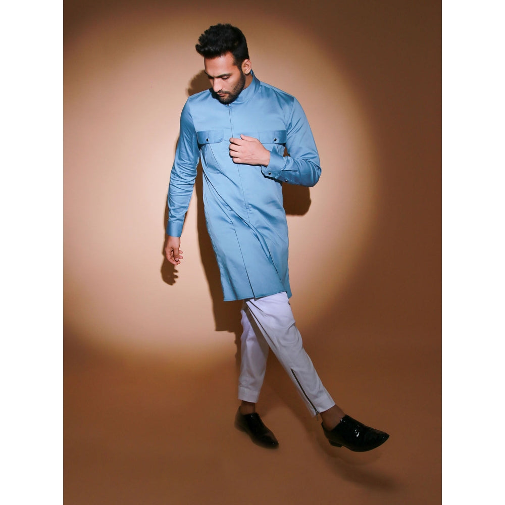 Echke Blue Stand Collar Kurta with White Narrow Pant (Set of 2)
