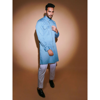 Echke Blue Stand Collar Kurta with White Narrow Pant (Set of 2)