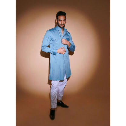Echke Blue Stand Collar Kurta with White Narrow Pant (Set of 2)