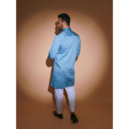 Echke Blue Stand Collar Kurta with White Narrow Pant (Set of 2)