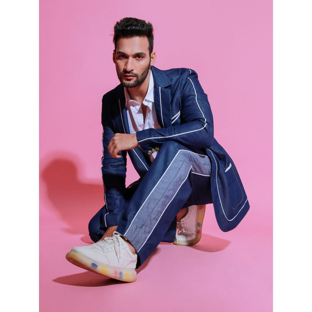 Echke Denim Jacket Co-Ord with White Piping and Wide Trouser with Side Strip (Set of 2)